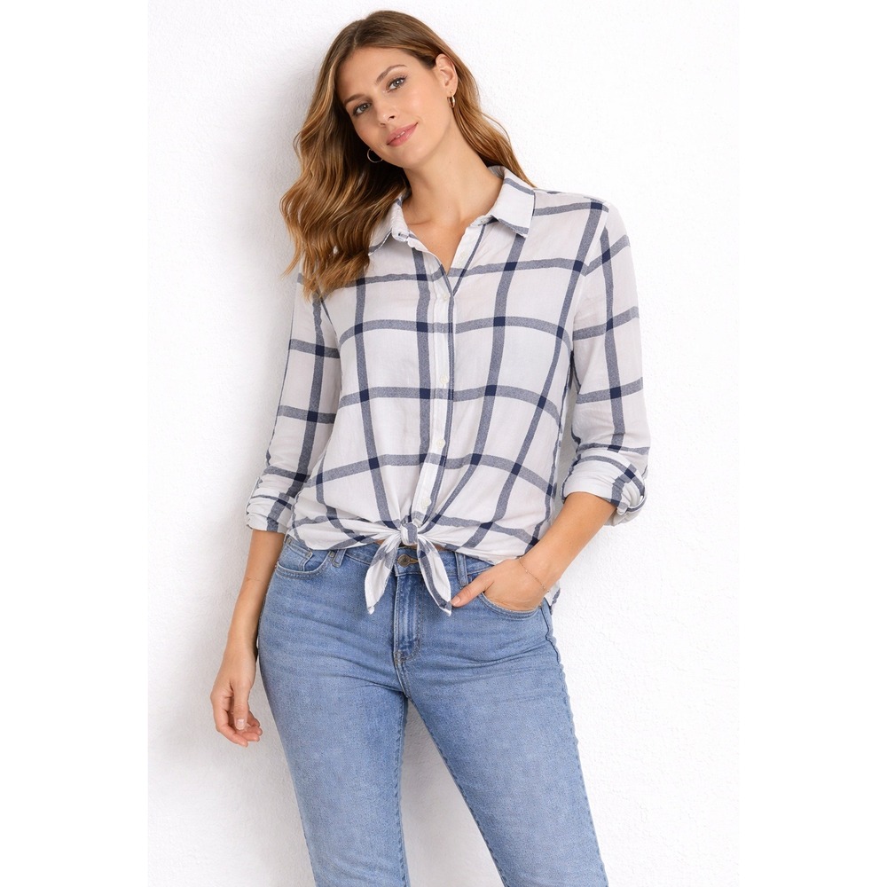 White Navy Windowpane Plaid Tie Front Button Down Shirt Long Sleeve Relaxed Fit